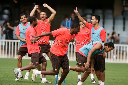 Buen ambiente durante el entrenamiento de este lunes.