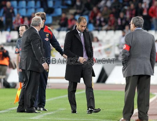 La temporada 2009/10 Guardiola va ser expulsat al camp de l'Almeria. Foto: arxiu FCB.