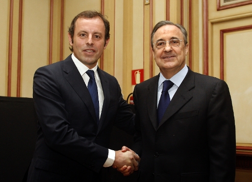 Sandro Rosell y Florentino Prez poco antes de empezar la comida de las directives del FC Barcelona y del Real Madrid. Fotos: Miguel Ruiz-FCB