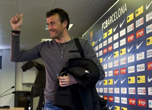 Luis Enrique, este mediodia en la sala de prensa de Ciudad Deportiva. fotos: Alex Caparrs