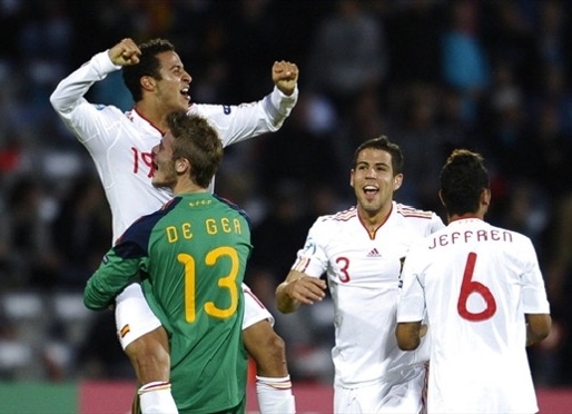 Thiago, De Gea, Domnguez i Jeffren celebren el triomf a l'Eurocopa sub-21. Foto: www.uefa.com