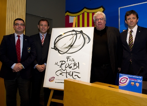 (D'esquerra a dreta) Ignasi Planas, Sandro Rosell, Paul Goz i Ramon Cierco en l'acte de presentaci de la Festa del Rugbi Catal. Foto: Alex Caparrs.