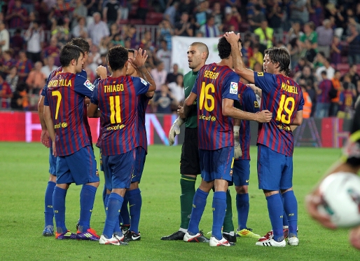 Los jugadores del primer equip celebrando la goleada del sbado ante Osasuna. Foto: Miguel Ruiz